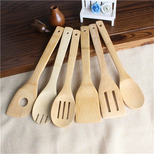 Eco-Friendly Bamboo Kitchen Utensil Set - 6 Piece Wooden Spoon and Spatula Set