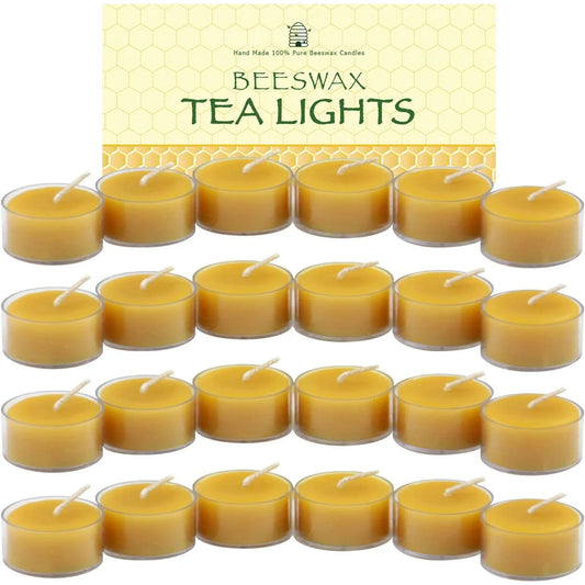 Natural Beeswax Tealights - Hand-Poured Organic Beeswax Candles, Smokeless and Dripless