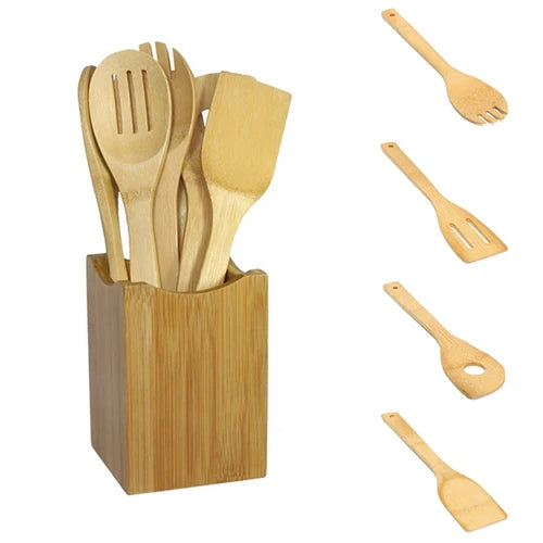 Eco-Friendly Bamboo Kitchen Utensil Set - 6 Piece Wooden Spoon and Spatula Set