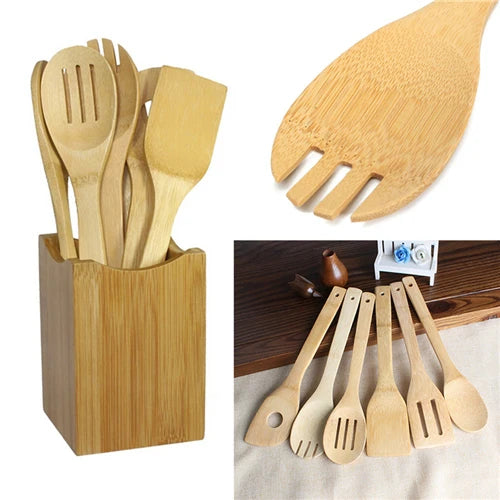 Eco-Friendly Bamboo Kitchen Utensil Set - 6 Piece Wooden Spoon and Spatula Set