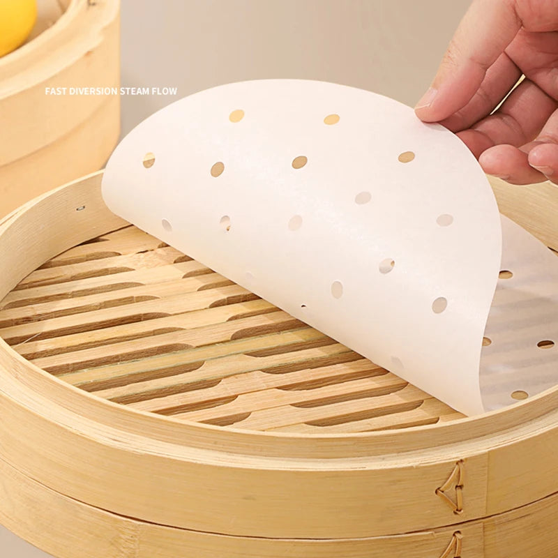 Bamboo Steamer Papers - 100 Pcs Non-Stick, Eco-Friendly Air Fryer and Steaming Liners